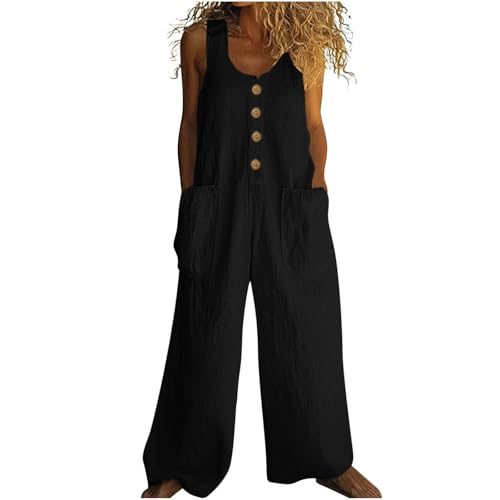 EMATOP Leinen Jumpsuit Damen Lang Weites Bein Latzhose Sommer Lässig Ärmellos Trägerhose Loose Fit Elegant Overall Bequem Baumwolle Playsuit mit Taschen Strampler Einfarbig Leicht Arbeitshose von EMATOP