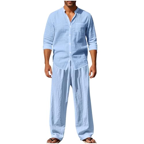 EMATOP Leinen Outfits Herren Sommer Leicht Sportanzug Lässiges Einfarbig Jogginganzug Baumwolle Leinen Tracksuit Casual 2 Teiliges Sommerhemd und Lang Hosen Freizeitanzug Zweiteiler Workout Set von EMATOP