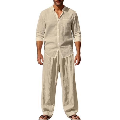 EMATOP Leinen Outfits Herren Sommer Leicht Sportanzug Lässiges Einfarbig Jogginganzug Baumwolle Leinen Tracksuit Casual 2 Teiliges Sommerhemd und Lang Hosen Freizeitanzug Zweiteiler Workout Set von EMATOP