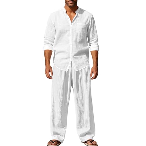 EMATOP Leinen Outfits Herren Sommer Leicht Sportanzug Lässiges Einfarbig Jogginganzug Baumwolle Leinen Tracksuit Casual 2 Teiliges Sommerhemd und Lang Hosen Freizeitanzug Zweiteiler Workout Set von EMATOP