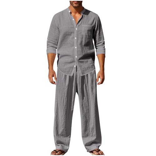EMATOP Leinen Outfits Herren Sommer Leicht Sportanzug Lässiges Einfarbig Jogginganzug Baumwolle Leinen Tracksuit Casual 2 Teiliges Sommerhemd und Lang Hosen Freizeitanzug Zweiteiler Workout Set von EMATOP