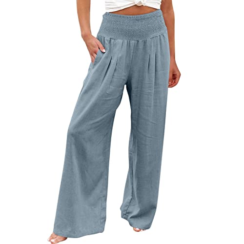 EMATOP Leinenhose Damen 7/8 Sommerhose Weite Beine Elastischem Bund mit Kordelzug und Taschen High Waist Lässige Haremshose Einfarbig Freizeithose Bequeme Strandhose von EMATOP