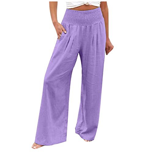 EMATOP Leinenhose Damen 7/8 Sommerhose Weite Beine Elastischem Bund mit Kordelzug und Taschen High Waist Lässige Haremshose Einfarbig Freizeithose Bequeme Strandhose von EMATOP