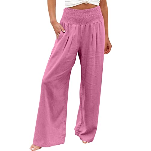 EMATOP Leinenhose Damen Lang Weites Bein High Waist Sommerhose Elegant Stretch Bequem Stoff Leinen Hose Leicht Luftig Sommerhose Locker Schlupfhose Stoffhose von EMATOP