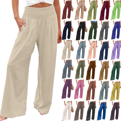 EMATOP Leinenhose Damen Sommer Leichte Weite Hose Lange Boho Sommerhose Hohe Taille Elegant Stoffhose Casual Einfarbig Freizeithose Baumwolle Leinen Palazzo Hosen mit Taschen Sporthose Frauen von EMATOP