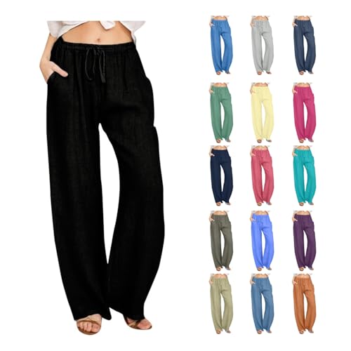 EMATOP Leinenhose Damen Sommer Lange Hose Baumwolle Musselin Hosen Casual Lose Stoffhose Einfarbig Elegant Strandhose Leicht Bequem Sommerhose Weite Beine Caprihose mit Taschen Freizeithose von EMATOP