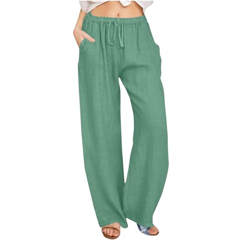 EMATOP Leinenhose Damen Sommer Lange Hose Baumwolle Musselin Hosen Casual Lose Stoffhose Einfarbig Elegant Strandhose Leicht Bequem Sommerhose Weite Beine Caprihose mit Taschen Freizeithose von EMATOP