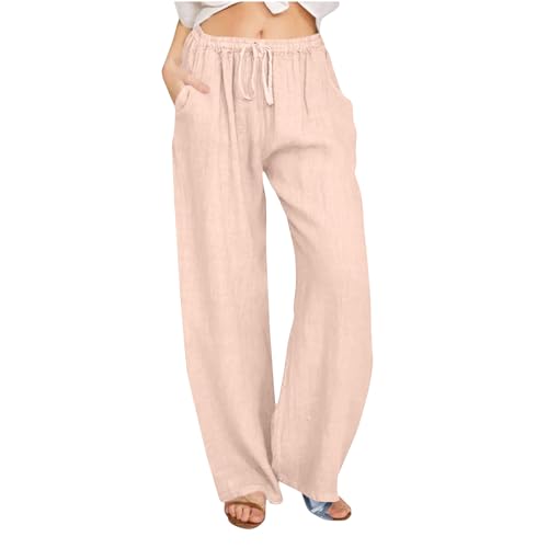 EMATOP Leinenhose Damen Sommer Lange Hose Baumwolle Musselin Hosen Casual Lose Stoffhose Einfarbig Elegant Strandhose Leicht Bequem Sommerhose Weite Beine Caprihose mit Taschen Freizeithose von EMATOP