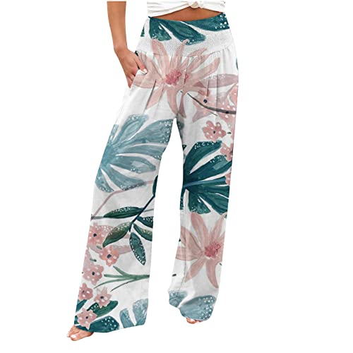 EMATOP Leinenhose Damen Sommer Leicht Sporthose Baumwolle Leinen Hose Leicht Sommerhose Schön Blumen Freizeithose Elastische Taille Stoffhose mit Taschen Palazzo Hosen Elegant Boho Strandhose von EMATOP