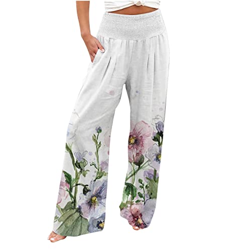 EMATOP Leinenhose Damen Sommer Leicht Sporthose Baumwolle Leinen Hose Leicht Sommerhose Schön Blumen Freizeithose Elastische Taille Stoffhose mit Taschen Palazzo Hosen Elegant Boho Strandhose von EMATOP