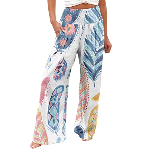 EMATOP Leinenhose Damen Sommer Leichte Stoffhose Lang Weitem Bein Hose Baumwolle Leinen Freizeithose mit Taschen Boho Sommerhose Hohe Taille Elegant Sporthose Blumen Druck Palazzo Hosen Frauen von EMATOP