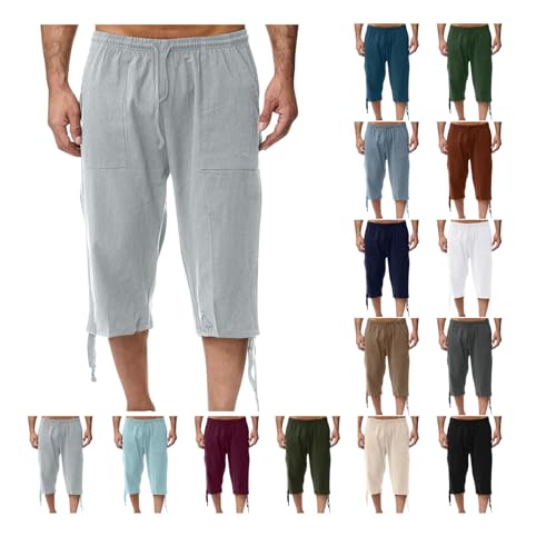 EMATOP Leinenhose Herren 3/4 Länge Hosen Sommer Kurz Hose Sporthose Casual Einfarbig Bermuda Shorts Baumwolle Leinen Strandshorts Elastischer Bund Sommerhose mit Taschen Stoffhose Freizeithose von EMATOP