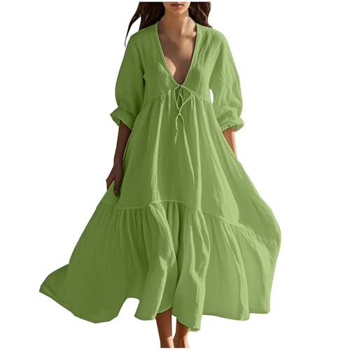 EMATOP Leinenkleid Damen Lässig Leicht Sommerkleid Elegant Einfarbig Strandkleid Baumwolle Leinen Boho Kleid Luftig V-Ausschnitt Freizeitkleid Hohe Taille A-Line Kleider Bequemes Maxikleider EMATOP Leinenkleid Damen Lässig Leicht Sommerkleid Elegant Einfarbig Strandkleid Baumwolle Leinen Boho Kleid Luftig V-Ausschnitt Freizeitkleid Hohe Taille A-Line Kleider Bequemes Maxikleider von EMATOP