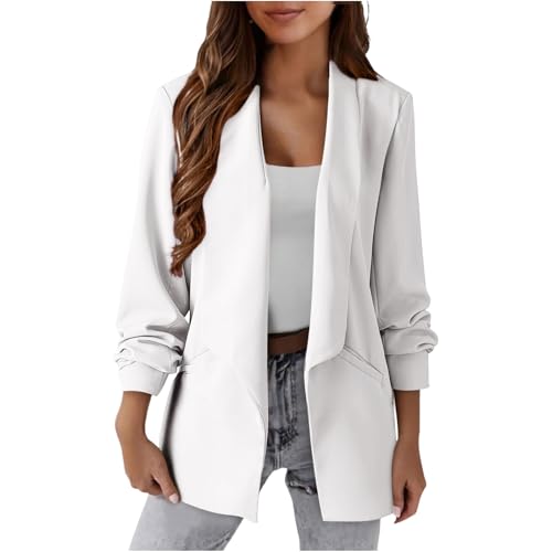 EMATOP Longblazer Damen Sportlich Business Blazer Elegant Langarm Sakko Anzug Casual Arbeit Bürojacke Offen Vorne Blazerjacke Slim Fit Revers Anzugjacke mit Taschen Trenchcoat Outdoor Mantel von EMATOP