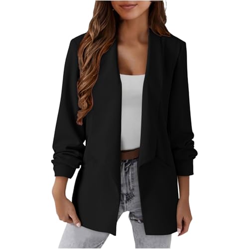 EMATOP Longblazer Damen Sportlich Business Blazer Elegant Langarm Sakko Anzug Casual Arbeit Bürojacke Offen Vorne Blazerjacke Slim Fit Revers Anzugjacke mit Taschen Trenchcoat Outdoor Mantel von EMATOP