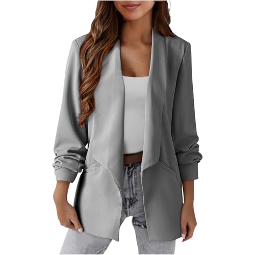 EMATOP Longblazer Damen Sportlich Business Blazer Elegant Langarm Sakko Anzug Casual Arbeit Bürojacke Offen Vorne Blazerjacke Slim Fit Revers Anzugjacke mit Taschen Trenchcoat Outdoor Mantel von EMATOP