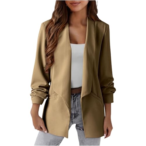 EMATOP Longblazer Damen Sportlich Business Blazer Elegant Langarm Sakko Anzug Casual Arbeit Bürojacke Offen Vorne Blazerjacke Slim Fit Revers Anzugjacke mit Taschen Trenchcoat Outdoor Mantel von EMATOP