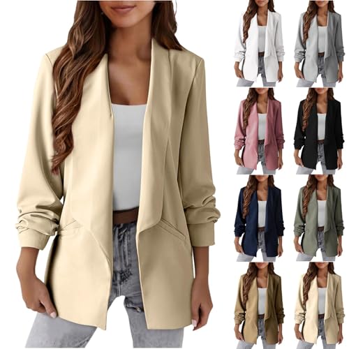 EMATOP Longblazer Damen Sportlich Business Blazer Elegant Langarm Sakko Anzug Casual Arbeit Bürojacke Offen Vorne Blazerjacke Slim Fit Revers Anzugjacke mit Taschen Trenchcoat Outdoor Mantel von EMATOP