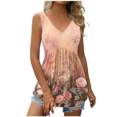 EMATOP Longshirt Damen Sommer Elegant Tank Top Lässig Plissierte Tshirt Ärmellos Sexy Tunika Sommershirts Baumwolle Vintage Bluse Tops Bunt Blumen Druck Oberteile Locker V-Ausschnitt Sportshirt von EMATOP