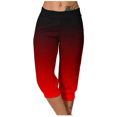 EMATOP Luftige 3/4 Sweathose Damen Elegant Sommer Freizeithose High Waist Plissee Hose Mode Farbverlauf Sommerhose Leicht Baumwolle Sporthose mit Taschen Laufhosen Frauen Vintage Caprihose von EMATOP