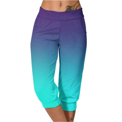 EMATOP Luftige 3/4 Sweathose Damen Elegant Sommer Freizeithose High Waist Plissee Hose Mode Farbverlauf Sommerhose Leicht Baumwolle Sporthose mit Taschen Laufhosen Frauen Vintage Caprihose von EMATOP