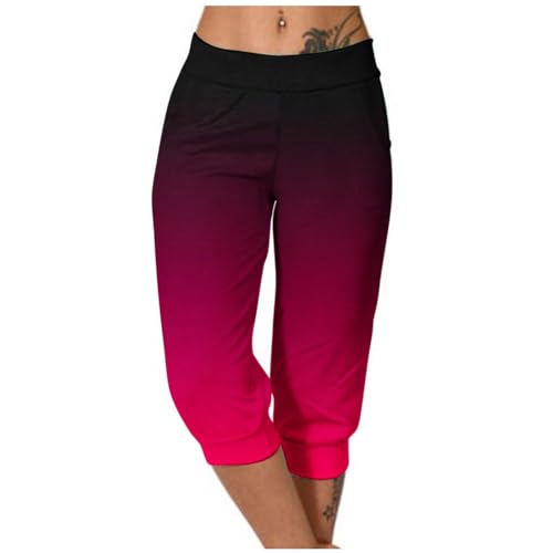 EMATOP Luftige 3/4 Sweathose Damen Elegant Sommer Freizeithose High Waist Plissee Hose Mode Farbverlauf Sommerhose Leicht Baumwolle Sporthose mit Taschen Laufhosen Frauen Vintage Caprihose von EMATOP