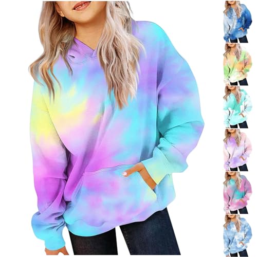 EMATOP Mädchen Batik Hoodie Freizeit Langarm Kapuzenpullover Winter Baumwolle Sweatshirt mit Kapuze Pullover Sportlich Bequem Langarmshirts Bunte Tie Dye Kapuzenpulli Tops für Kinder 4-14 Jahre von EMATOP