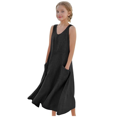 EMATOP Mädchen Lang Baumwolle Leinen Kleid Leicht und Luftig Sommerkleid Einfarbig Bequem Leinenkleid V-Ausschnitt Ärmellos Strandkleid mit Taschen Freizeitkleid Elegant Midikleid 5-16 Jahre von EMATOP