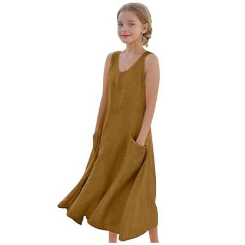 EMATOP Mädchen Lang Baumwolle Leinen Kleid Leicht und Luftig Sommerkleid Einfarbig Bequem Leinenkleid V-Ausschnitt Ärmellos Strandkleid mit Taschen Freizeitkleid Elegant Midikleid 5-16 Jahre von EMATOP