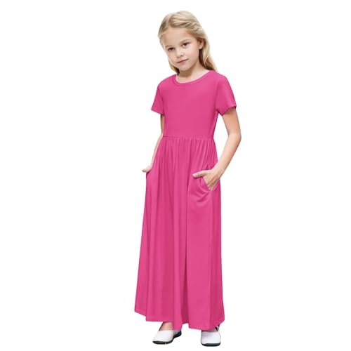 EMATOP Mädchen Lange Tunika Kleid Elegant Sommer Maxikleider Casual Kurzarm Strandkleid Hohe Taille Freizeitkleid Hochzeit Prinzessin Kleider Baumwolle Einfarbig Shirtkleid Bequem Partykleid von EMATOP