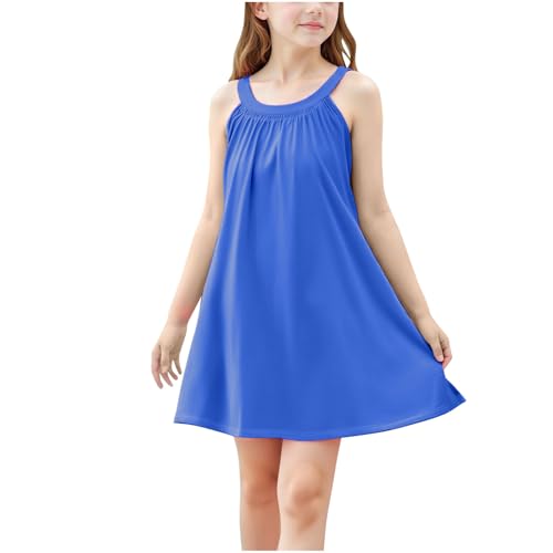 EMATOP Mädchen Sommer Ärmellos Kleid Elegant Kurz Trägerkleid Lässig Plissiert Minikleid Basic Rundhals Sommerkleid Freizeitkleid Swing A Linie Kleider Bequemes Einfarbig Strandkleid 4-15 Jahre von EMATOP