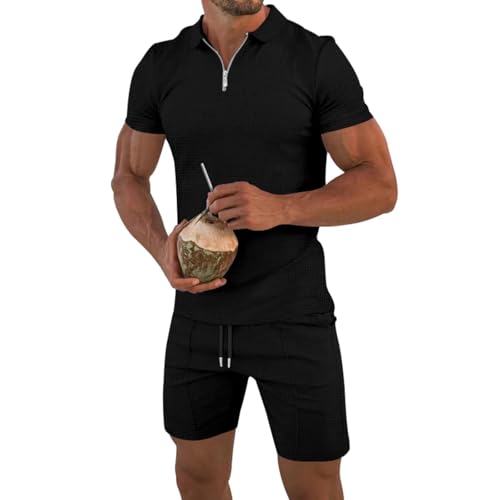 EMATOP Männer Fitnessanzug Lässiges 2 Teiler Jogginganzug Sommer Bequeme Outfit Zweiteiler Kurzarm T-Shirt + Kurze Hose Tracksuit Baumwolle Einfarbig Trainingsanzug Leicht Sport Freizeitanzug von EMATOP