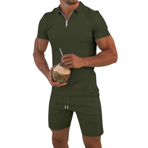 EMATOP Männer Fitnessanzug Lässiges 2 Teiler Jogginganzug Sommer Bequeme Outfit Zweiteiler Kurzarm T-Shirt + Kurze Hose Tracksuit Baumwolle Einfarbig Trainingsanzug Leicht Sport Freizeitanzug von EMATOP