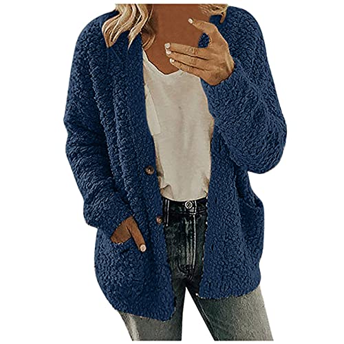 EMATOP Mantel Damen Warm Fleecejacke Teddy Fleece Wollemantel Lässig Langarm Winterjacke Baumwolle Flauschig Plüschjacke Herbst Winter Kuschelig Kapuzenjacke mit Taschen Teddyfleece Jacke von EMATOP