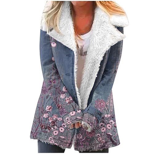 EMATOP Mantel Damen Warm Gefüttert Winterjacke Baumwolle Elegant Fleecejacke Revers Jacke Softshelljacke Schön Blumen Muster Wintermantel Winddicht Kälteschutz Skijacke Outdoor Plüschjacke von EMATOP