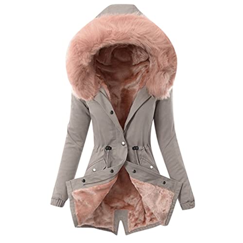 EMATOP Mantel Damen Wintermantel Warme Winter Jacke Lange Mäntel Einfarbig Winterjacke mit Kapuze Windbreaker Gefüttert Teddyfell Dicker Fleecejacke Mode Outdoorjacke Slim fit Winterparka von EMATOP