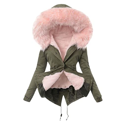 EMATOP Mantel Frauen Wintermantel Warme Winter Jacke Lange Mäntel Einfarbig Winterjacke mit Kapuze Windbreaker Gefüttert Teddyfell Dicker Fleecejacke Mode Outdoorjacke Slim fit Winterparka von EMATOP