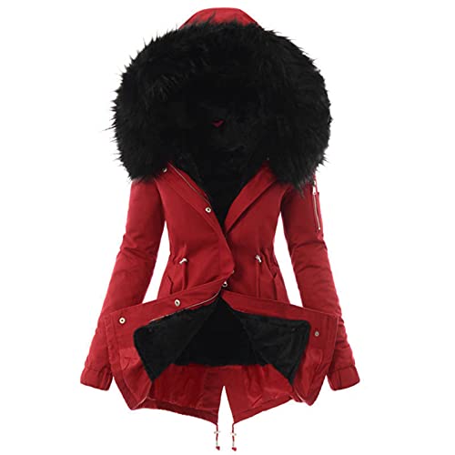 EMATOP Mantel Frauen Wintermantel Winter Warme Jacke Lange Mäntel Einfarbig Winterjacke mit Kapuze Windbreaker Gefüttert Teddyfell Dicker Fleecejacke Mode Outdoorjacke Slim fit Winterparka von EMATOP