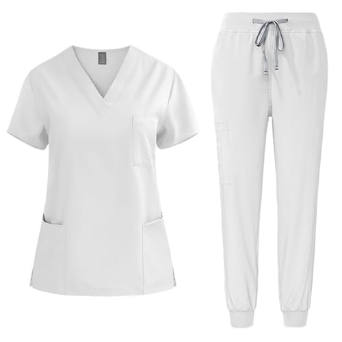 EMATOP Medizinische Uniform Set Damen Medical Schrubb-Set Zweiteiler Business Kasack und Hose Outfit Einfarbig Lässig Pflege Berufsbekleidung 2-Teilige Oberteil Schlupfhose Arbeitskleidung von EMATOP