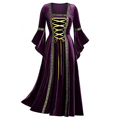 EMATOP Mittelalter Kleidung Damen Satin Retro Kostüm Gewand Helloween Kostüme für Frauen Trompetenärmel Bodenlanges Abendkleid Gothic Kleid Renaissance Viktorianisches Cosplay Prinzessin Gewand von EMATOP