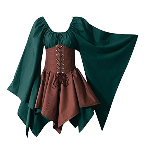 EMATOP Mittelalter Kleidung Damen Vintage Party Ballkleid Gothic Kostüm Elegant Retro Kleider Kurzarm Farbblock Abendkleid Karneval Cosplay Kleid Hohe Taille Maxikleid mit Kordelzug von EMATOP