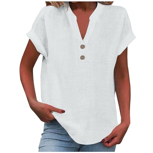 EMATOP Musselin Bluse Damen Sommer Elegant Tshirt Baumwolle Leinen Oberteile Casual Einfarbig Leinenbluse Tops V-Ausschnitt Knöpfe Tunika Longshirt Leicht Atmungsaktiv Sommershirts Blusenshirt von EMATOP