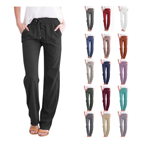 EMATOP Musselin Hosen Damen Sommer Baumwolle Leinenhose Lang Lässig Stoffhose Elegant Locker Strandhose Einfarbig Mode Sommerhose mit Taschen Caprihose Elastische Taille Jogginghose Leinen Hose von EMATOP