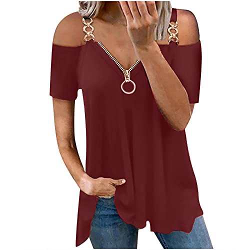 Oberteil Damen T Shirt Kurzarm V Ausschnitte T-Shirt Off Shoulder Tops Bluse Sommer Elegant Longshirt Weich Bequem Tunika Blusenshirt von EMATOP