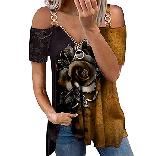 EMATOP Oberteile Damen Sexy Sommer Kurzarm T-Shirt Elegant Schulterfrei Tunika Tops Plissiert V-Ausschnitt Bluse Longshirt mit Rosen Druck Blusenshirt Mode Kalte Schulter Tshirt Streetwear, Z24-braun von EMATOP