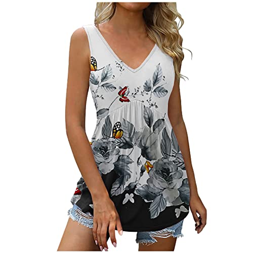 Oberteile Damen Sommer Tank Top Sexy V-Ausschnitt T-Shirt Casual Ärmellose Tunika Sommershirts Blumen Schmetterling Bluse Longshirt Lose Plissiert Longtops Baumwolle Leicht Sportshirt von EMATOP