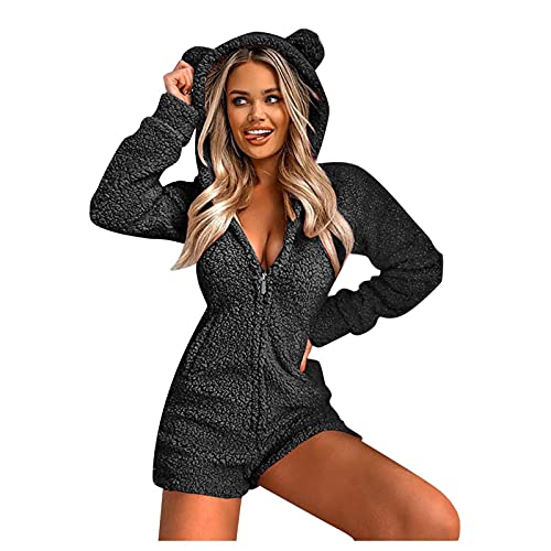 EMATOP Onesie Damen Warm Jumpsuit Teddy Fleece Schlafoverall Kuschelig Kurz Pyjama Winter Einteiler Schlafanzug Flauschig Hausanzug mit Kapuze & Reißverschluss Ganzkörperanzug Einfarbig Overall von EMATOP