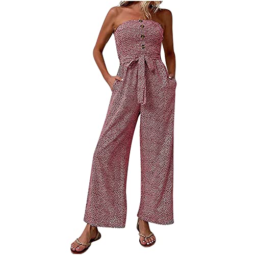 EMATOP Overall Damen Elegant Festlich Lang Jumpsuit Sexy Bandeau Hosenanzug Sommer Boho Playsuit Breites Bein Romper Hohe Taille Stretch Latzhose Baggy Oversize Strampler mit Taschen Arbeitshose von EMATOP