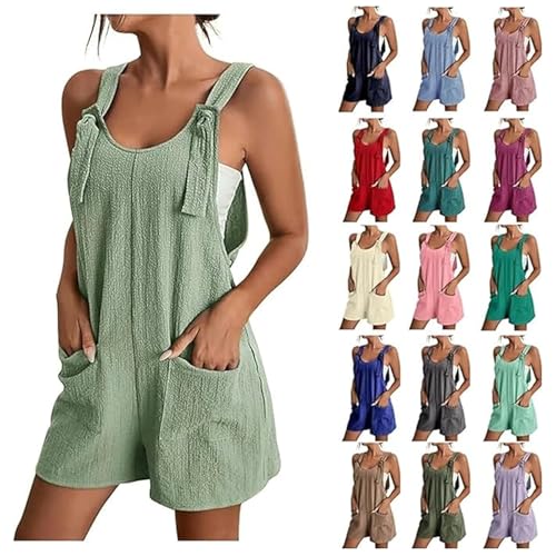 EMATOP Overall Damen Sommer Kurz Jumpsuit Baumwolle Leinen Latzhosen Ärmellos Lässiger Trägerhose Elegant Leicht Einteiler Shorts Einfarbig Mode Arbeitshose mit Taschen Playsuit Sport Romper von EMATOP