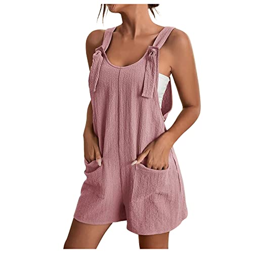 Overall Damen Sommer Kurz Jumpsuit Baumwolle Leinen Latzhosen Ärmellos Lässiger Trägerhose Elegant Leicht Einteiler Shorts Einfarbig Mode Arbeitshose mit Taschen Playsuit Sport Romper von EMATOP